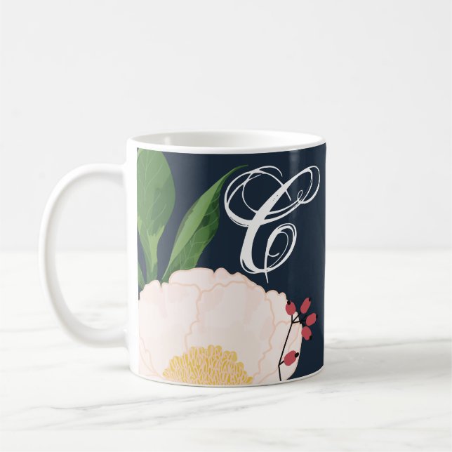 11 Oz. Coffee Mugg White Blommigt Flowers på Mörk  (Vänster)