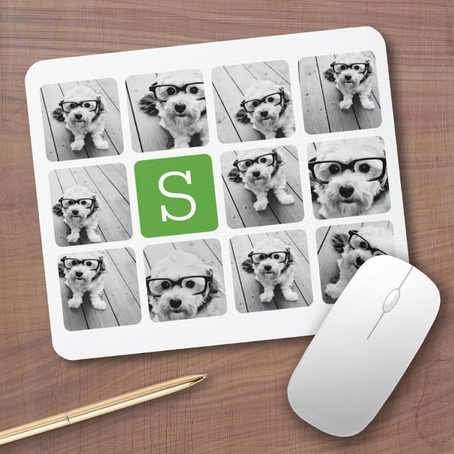 11 Photo Collage - Grönt White Modern Monogram Musmatta (Personalized mousepad - Add Photos and Custom Text)