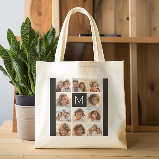 11 Photo Instagram Collage Anpassningsbar Black Mo Tygkasse (Personalized tote bag with photos and custom text)