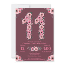 11th Big Birthday Girl Rosa Flowers Grönt Foliage