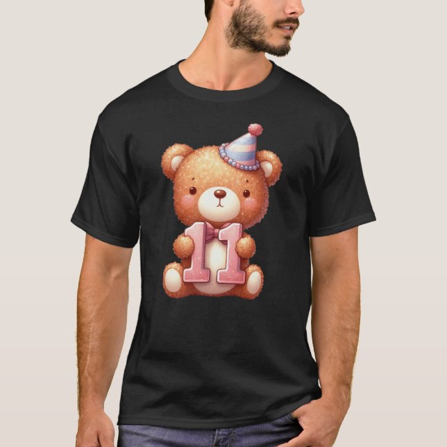 11th Birthday Happy Birthday Brown Teddy Bear T Shirt (Framsida)