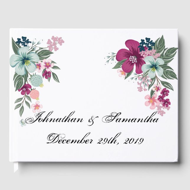 122 Page Bröllop Guestbook Tropical Flowers on Whi Gästböcker (Framsida)