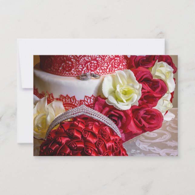 1242-Brollopskaka, brudbukett och ringar Inbjudningar (Framsida)