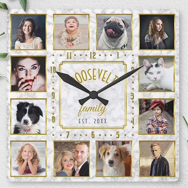12 Anpassningsbarna Family Photo Collage White Gul Fyrkantig Klocka (Skapare uppladdad)