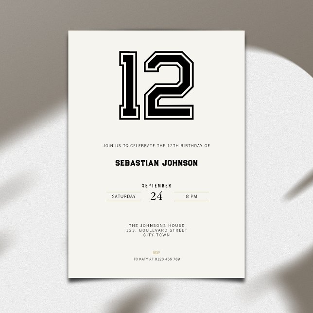 12-års födelsedagsinbjudan - Minimal sportstil Inbjudningar (12th birthday invitation in minimalistic sport style)