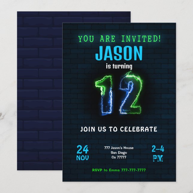 12-års pojkfödelsedagsinbjudan inbjudningar (Fram/baksida)