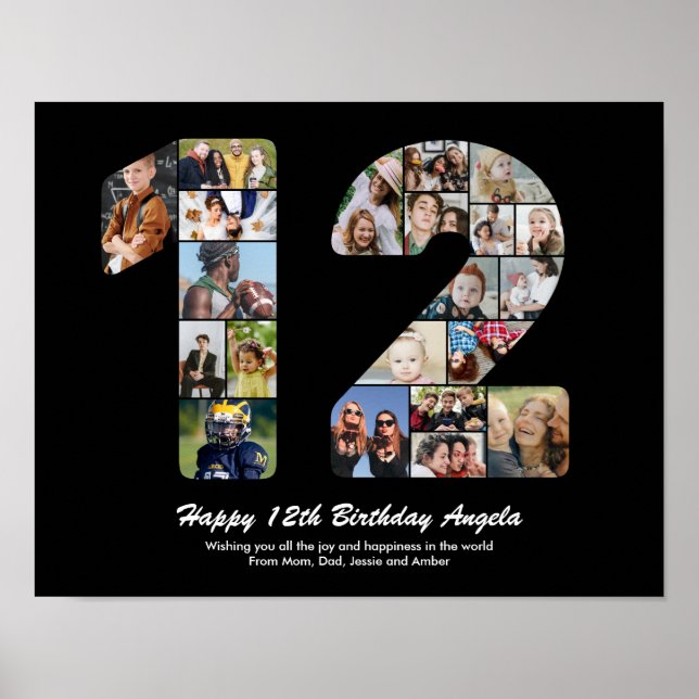 12-årspresent Foto Collage Nummer 12 Födelsedagspr Poster (Framsidan)