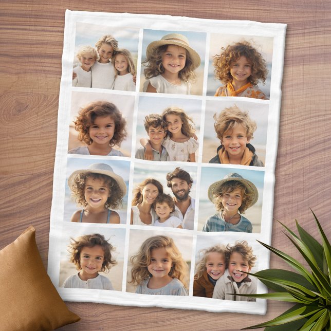 12 bilder - modern collage - vit med text fleecefilt (Personalized Fleece Blanket - Add Photos and Text or Customize completely in advanced design area)