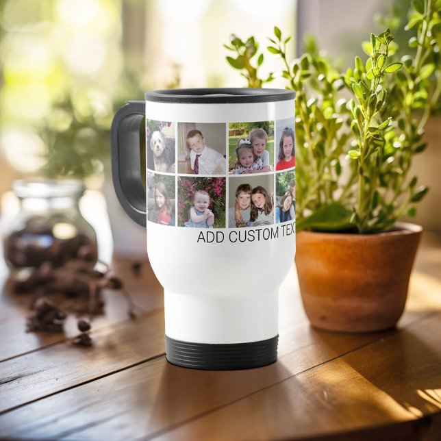 12 bilder - modern collage - vit med text resemugg (Personalized travel mug - add photos and text or customize completely)