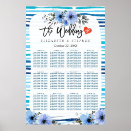 12 Bord Blommigt för sätesdiagram, blå vattenfärg Poster
