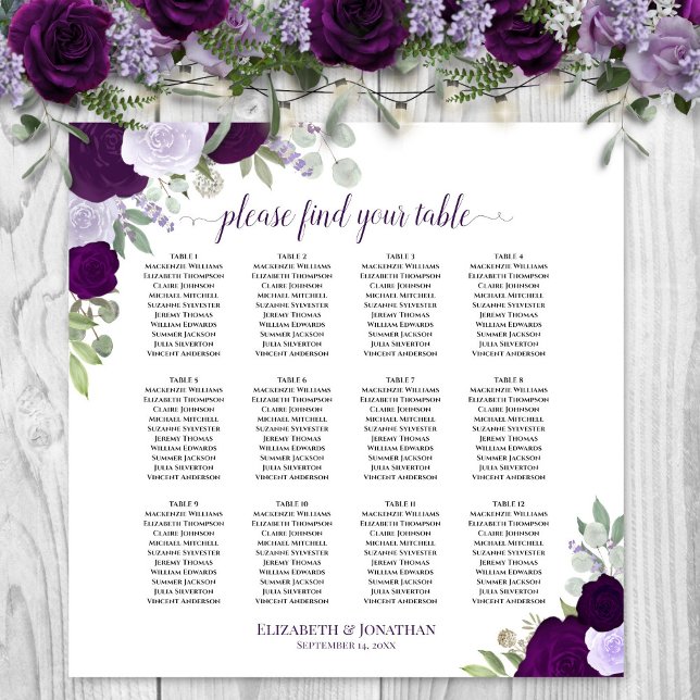 12 Bord Chic Lila Rosor Bröllopsplatskarta Poster (In Situ on Wall with Flowers)