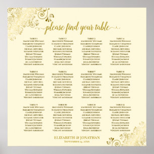 12 Bord Cream Bröllop-sätesschemat Guld Frills Poster
