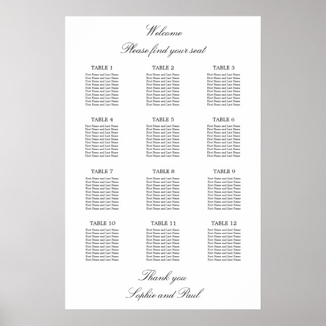 12 Bord Elegant Minimalistisk Placeringsplan Poster (Framsidan)