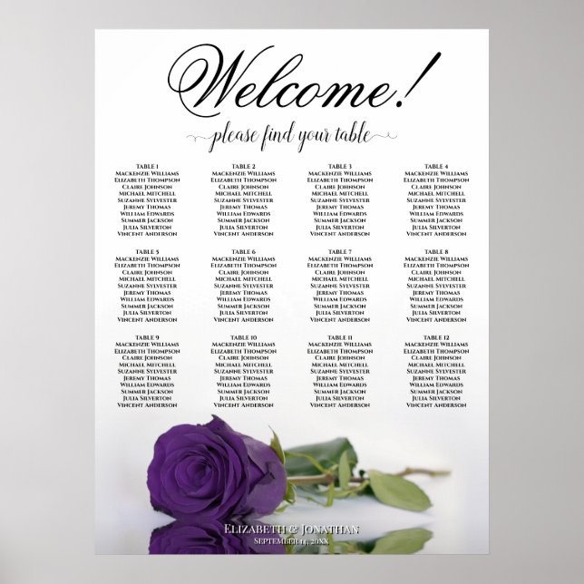 12 Bord Elegant Royal Lila Ros Sittplatskarta Poster (Framsidan)