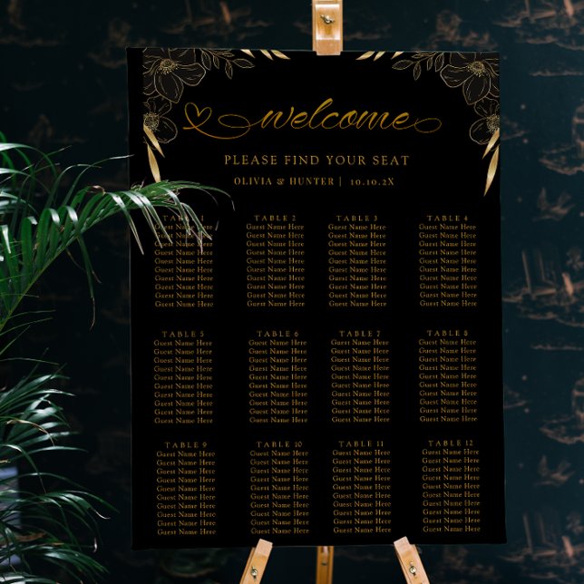 12 Bord Elegant, sätesbräda för svart Bröllop Poster (Black and Gold Floral Wedding seating chart)