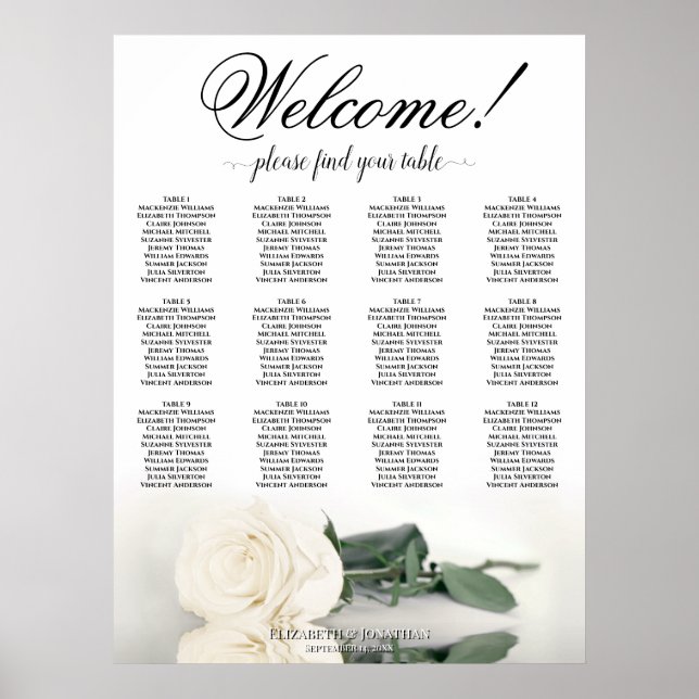 12 Bord Elegant Vit Ros Bröllops Sittplatskarta Poster (Framsidan)