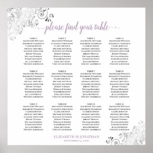 12 Bord Lacy Lavender White Bröllop Seating Chart Poster