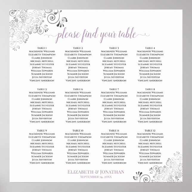 12 Bord Lacy Lavender White Bröllop Seating Chart Poster (Framsidan)