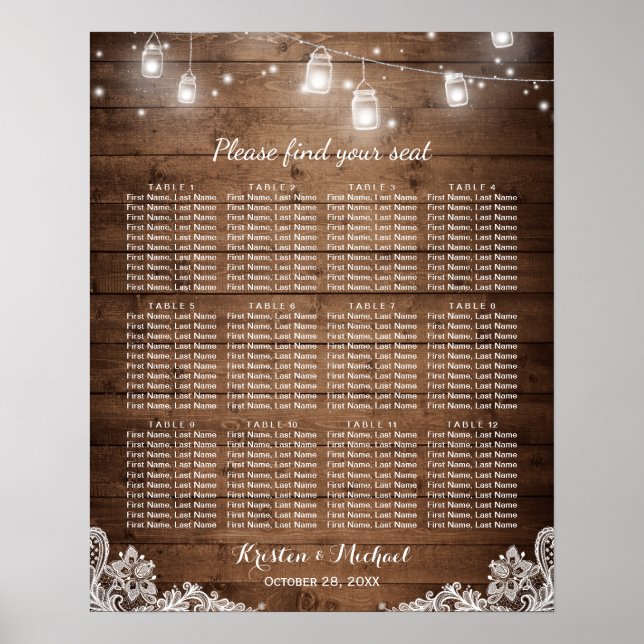 12 Bord Rustic String Ljus Sittdiagram Poster (Framsidan)