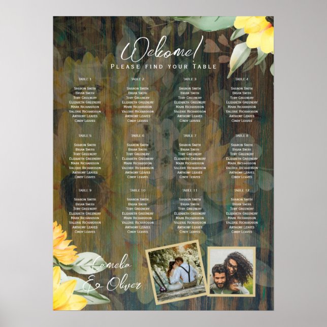 12 Bord Rustic Wood SUNFLOWERS FOTO SEATING Poster (Framsidan)