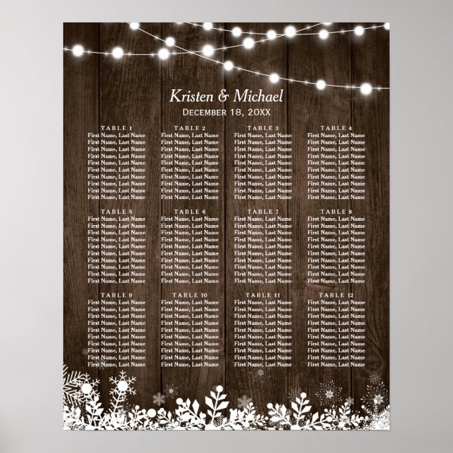 12 Bord Rustic Wood Winter Wedding Seating Chart Poster (Framsidan)