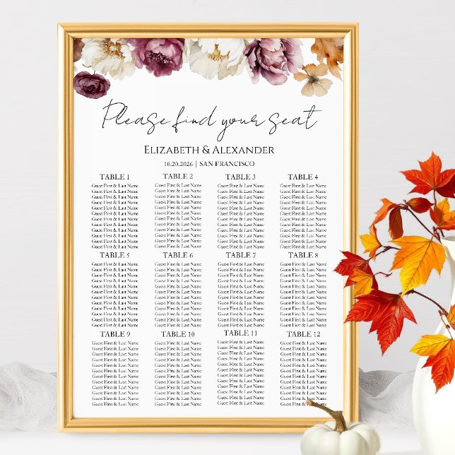 12 Bord-sätesdiagram för Burgundy-Blommigten Bröll Poster (Skapare uppladdad)