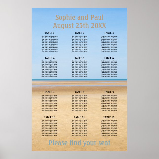 12 Bord Strand Bröllop Placeringsplan Poster (Framsidan)