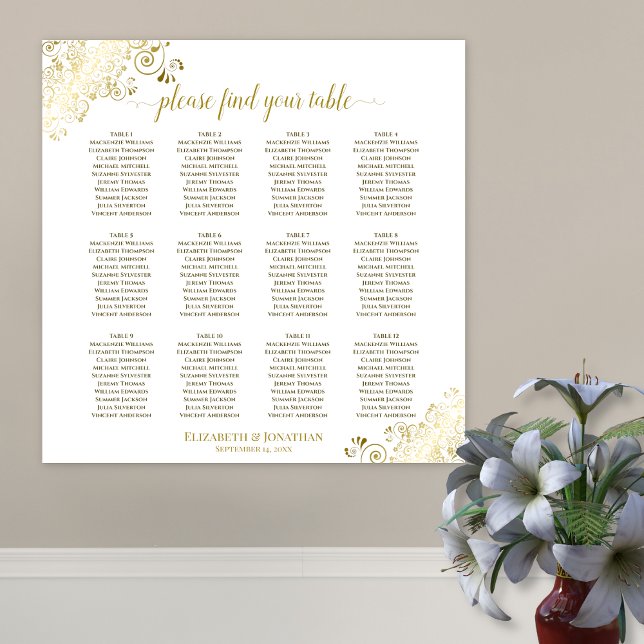 12 Bord Vita Bröllop-sätesschemat Guld Frills Poster (In Situ on Wall with Flowers)