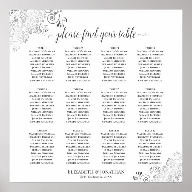 12 Bord Vita Bröllop-sätesschemat Silver Frills Poster (Framsidan)