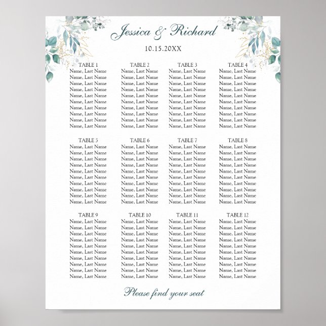 12 Bords Sittplatskarta Affisch Skylt (Framsidan)