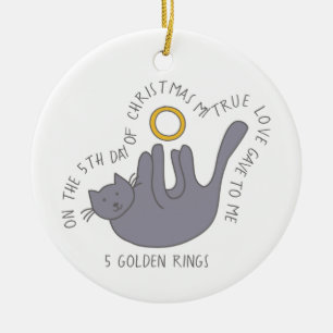 12 dagar av Catmas 5 Golden Ringar Cat Photo Julgransprydnad Keramik