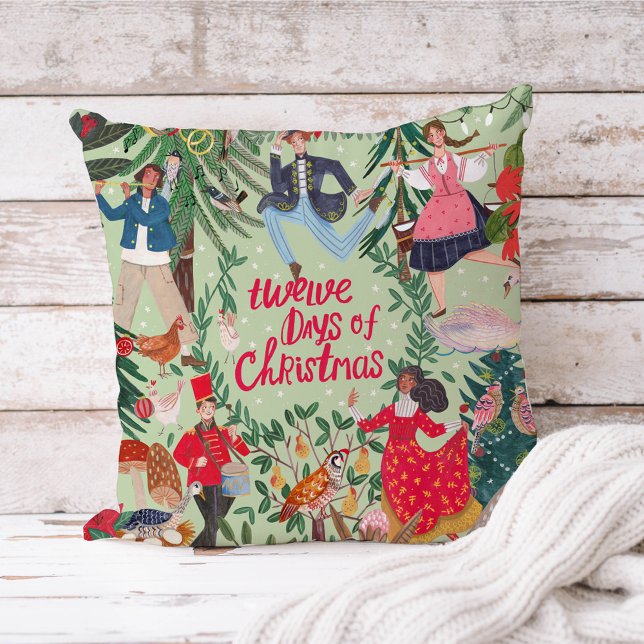 12 dagar av traditionell klassisk Grönt Kudde (twelve Days of Christmas green traditional throw pillow)