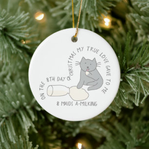 12 dagar Catmas 8 Maid-a-Milking Cat Photo Julgransprydnad Keramik