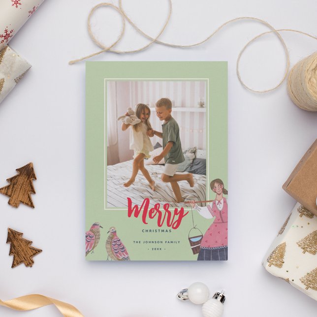 12 dagar med grönt jul Foto Julkort (Cute Twelve Days of Christmas Green Photo Greeting Card.)