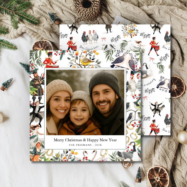 12 Days of Christmas Fyrkantigt Platt Julkort (12 Days of Christmas Square Holiday Photo Card)