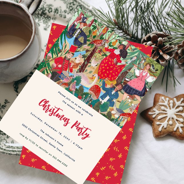 12 Days of Christmas Traditionell Julfest Inbjudningar (Christmas Party Invitation 12 Days of Christmas Song Illustration)