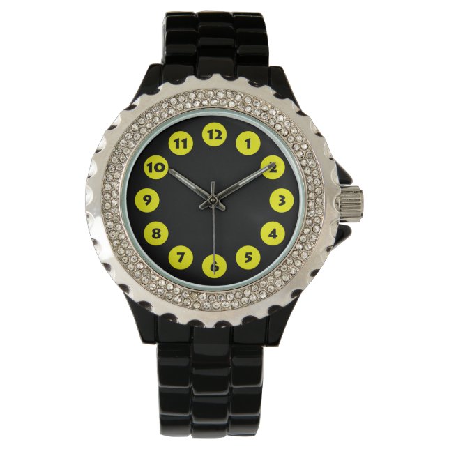 12 dekor - Gult på svart Armbandsur (Framsida)