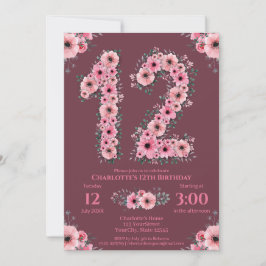 12:e Big Birthday Girl Rosa Flowers Grönt Foliage Inbjudningar