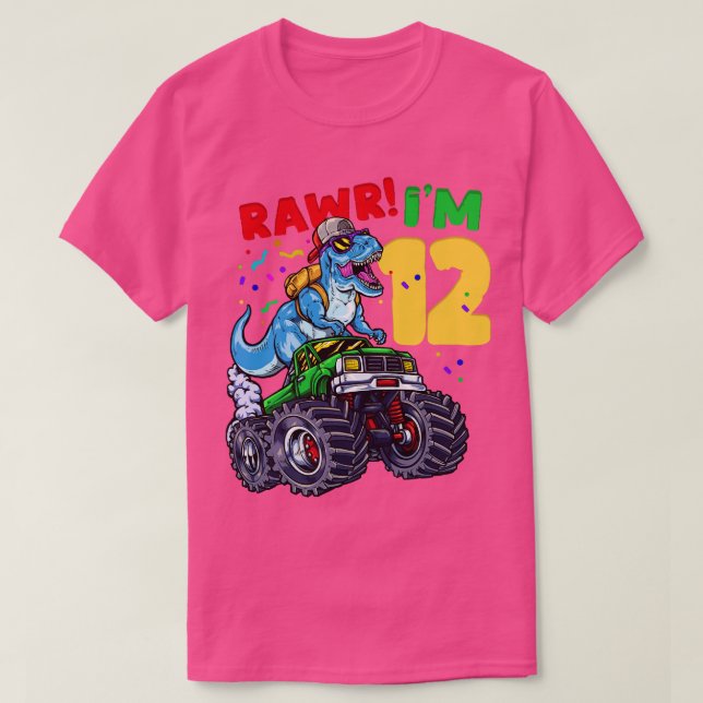 12:e Birthday Dinosaur TRex Monster Lastbil T Shirt (Design framsida)
