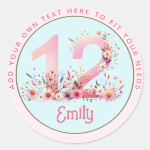 12:e Birthday Fairy Blommigt Rosa Princess Fairyta Runt Klistermärke