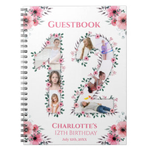 12:e Birthday Girl Photo Collage Rosa Flower White Anteckningsbok
