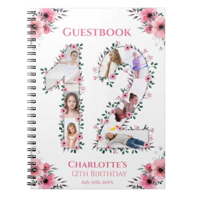 12:e Birthday Girl Photo Collage Rosa Flower White Anteckningsbok (Framsidan)