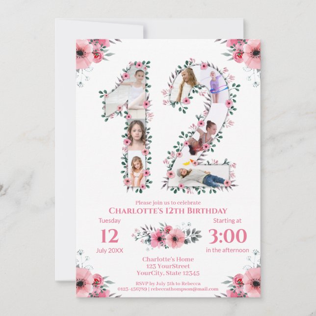 12:e Birthday Girl Photo Collage Rosa Flower White Inbjudningar (Framsida)