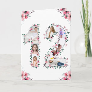 12:e Birthday Photo Collage Girl Rosa Flower White Kort