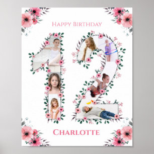 12:e Birthday Rosa Flower Girl Photo Collage White Poster