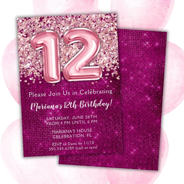 12:e: Bjud in Magenta  Rosa Glitter Inbjudningar (Skapare uppladdad)