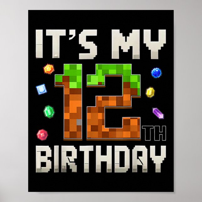 12:e födelsedag 12 år gammal födelsedagsgamer Pixe Poster (Framsidan)