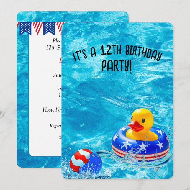 12:e födelsedag Bassäng Party med Gult Anka Inbjudningar (Fram/baksida)