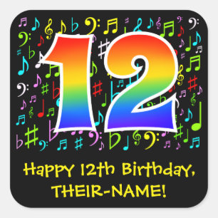 12:e födelsedag: Colorful Music Symbols, Rainbow 1 Fyrkantigt Klistermärke