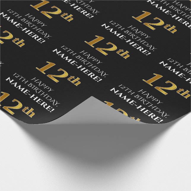 12:e födelsedag: Elegant, svart, Faux Guld Titta Presentpapper (Hörn)